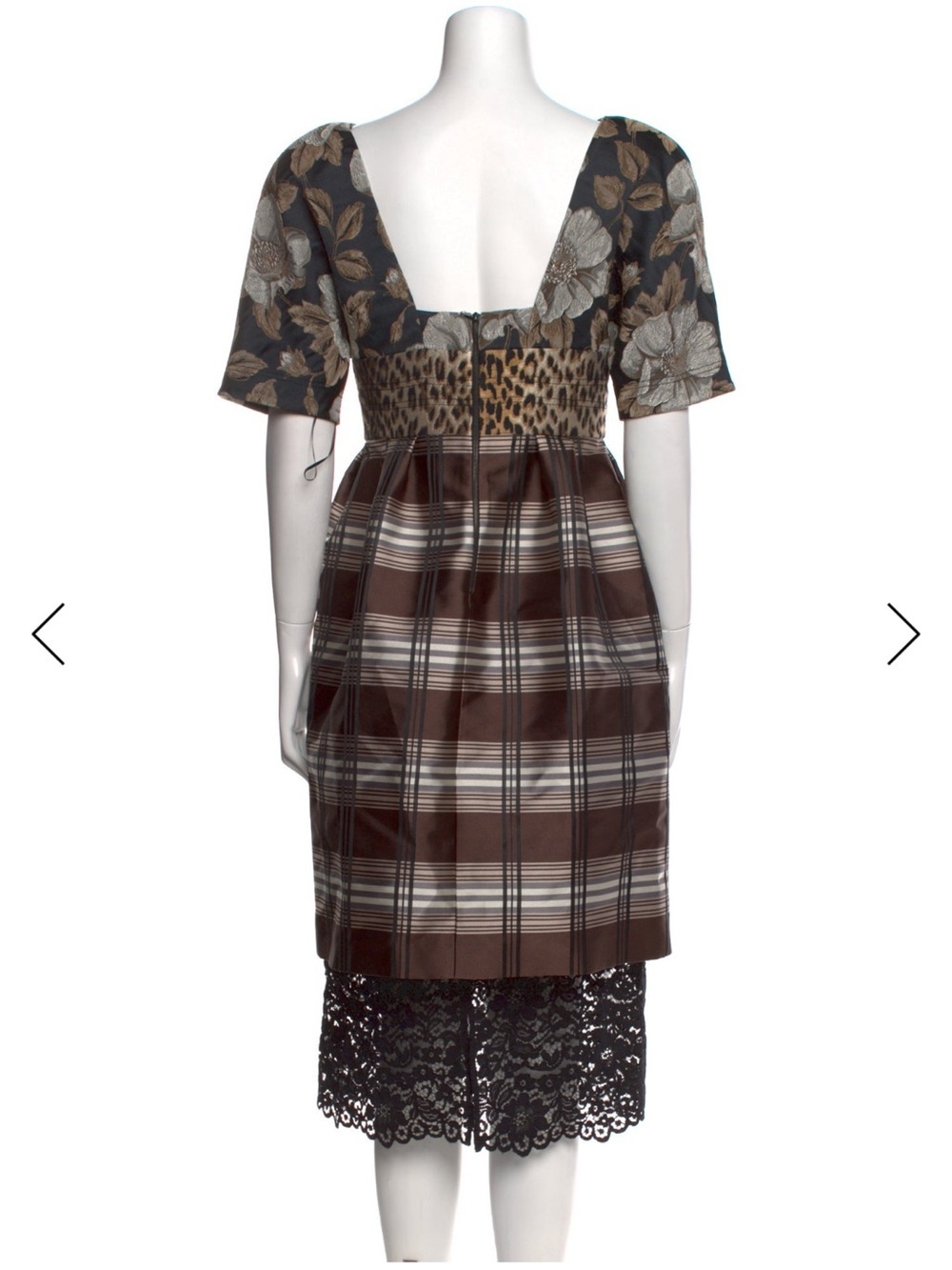 Antonio Marras Brown Floral, Plaid & Leopard-Mix Midi Dress with Black Lace - Picture 3 of 7